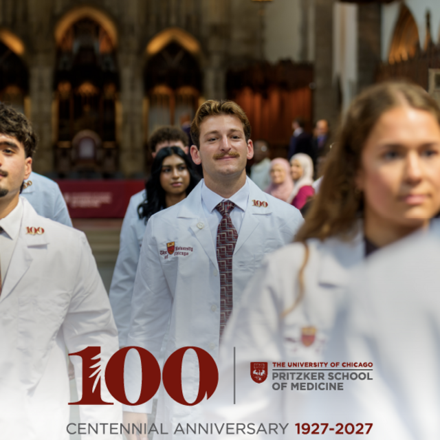 Pritzker medical students in white coats