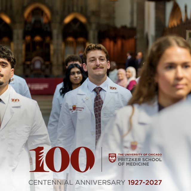 Pritzker medical students in white coats